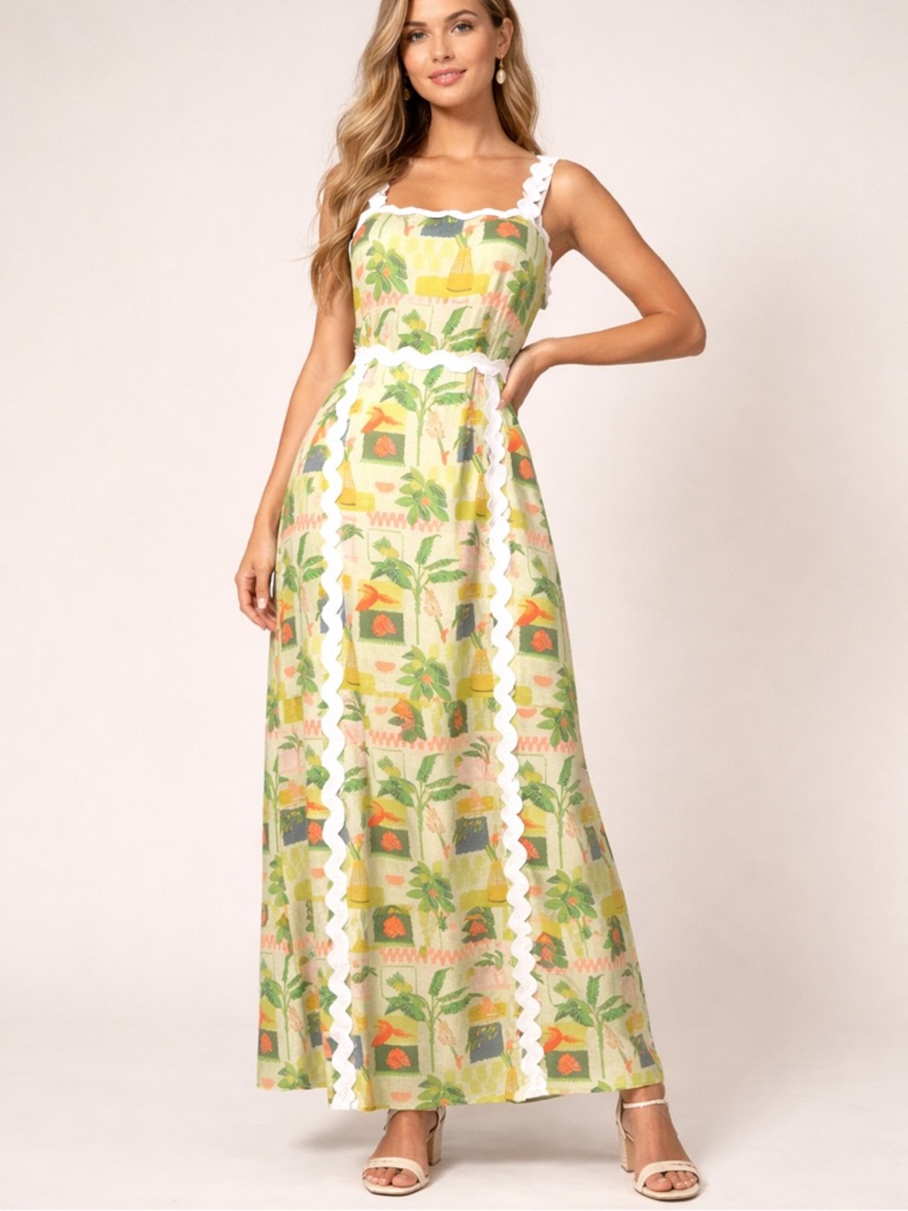 Sunny Green Tropical Print Maxi Dress with White Trim